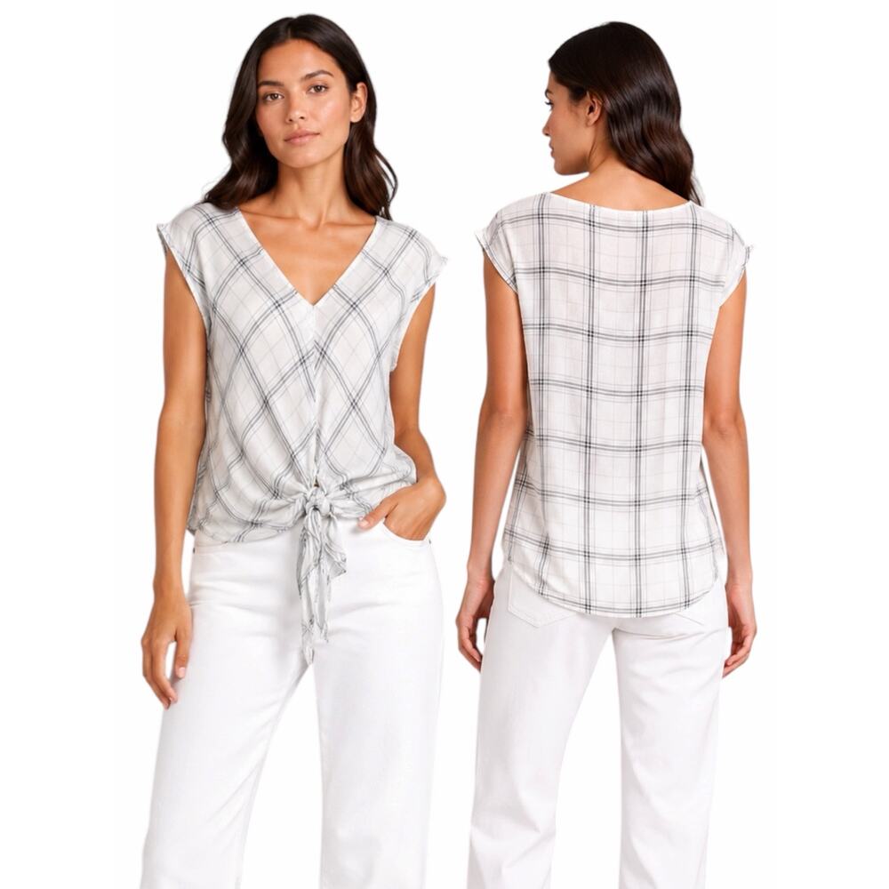 Max Studio Sleeveless Plaid Tie Hem Top V Neck White Blue Size S - Picture 2 of 9